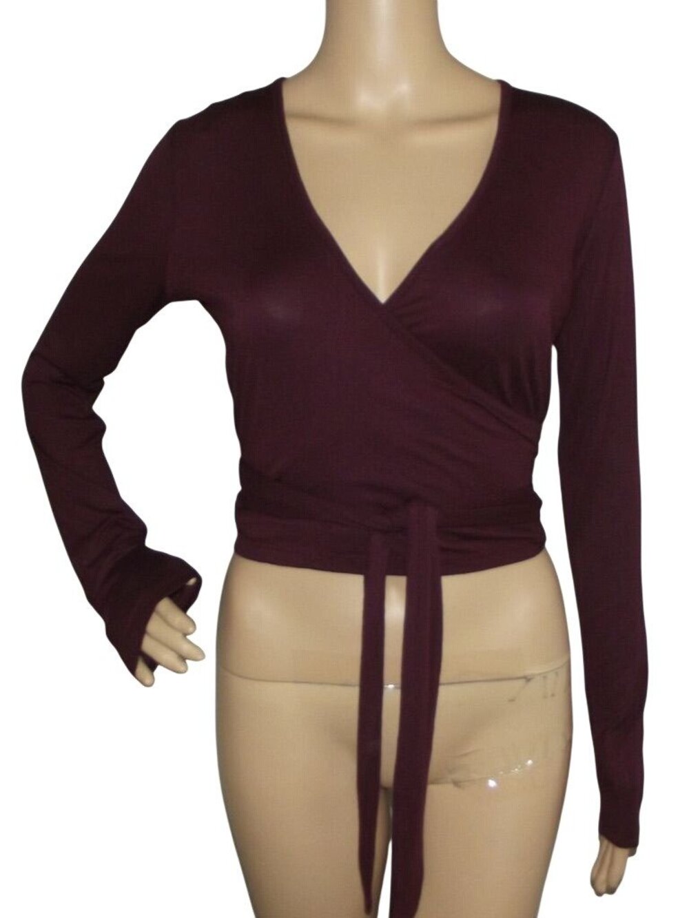 Polly & Esther Cardigan Womens Jr Size Medium Wine soft crop wrap tie v-neck